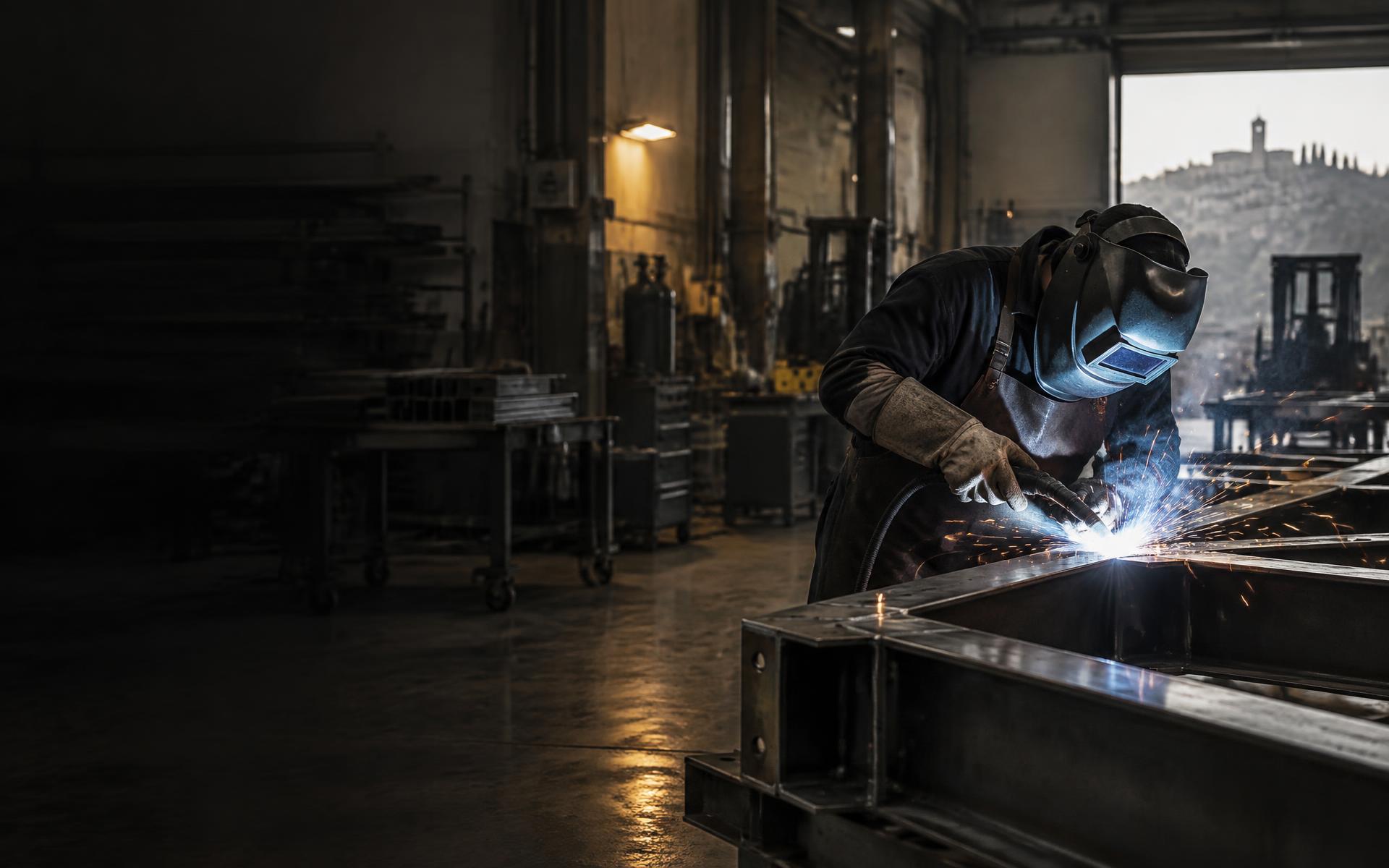 Saldatore professionista al lavoro su una struttura metallica