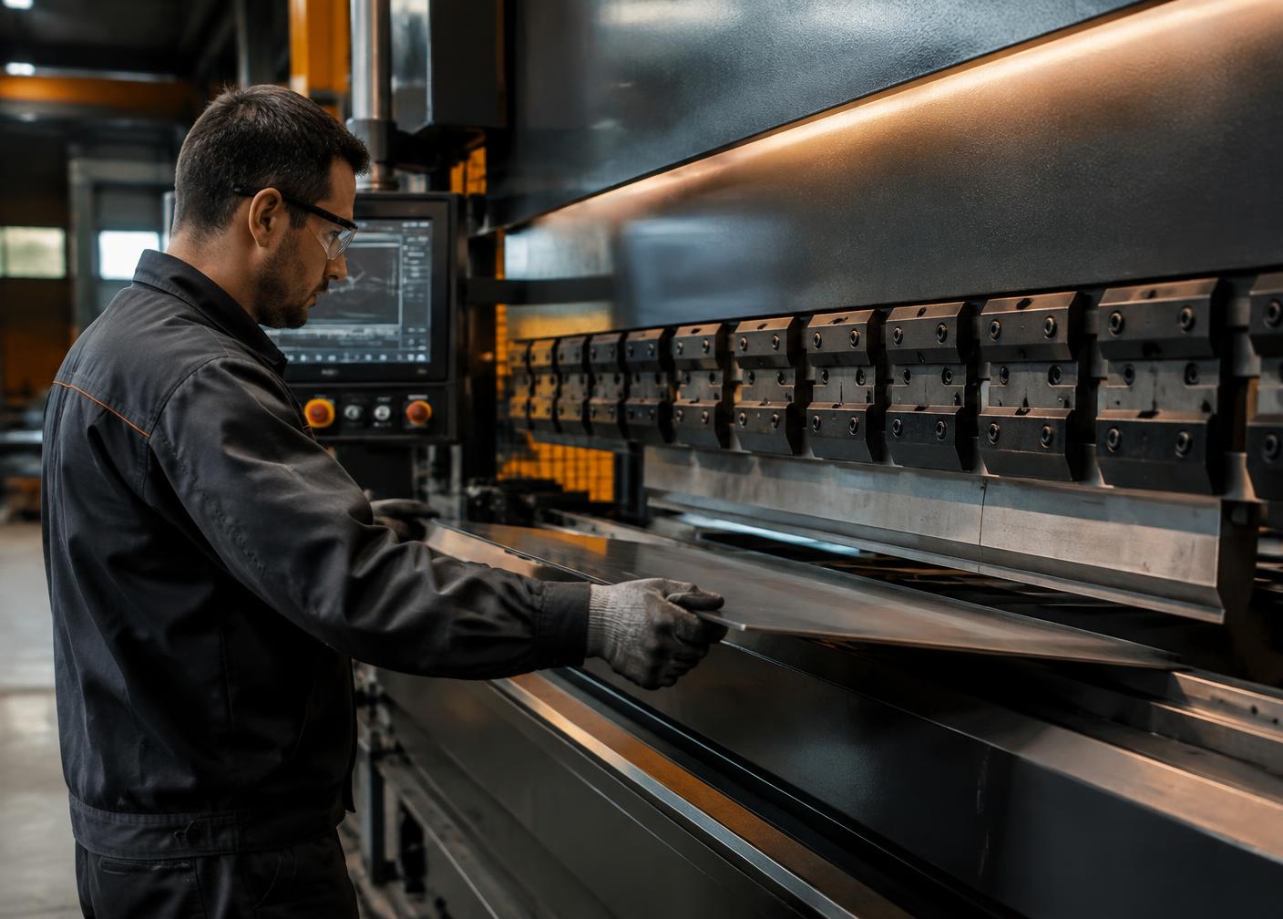 Tecnico durante una fase di piegatura della lamiera